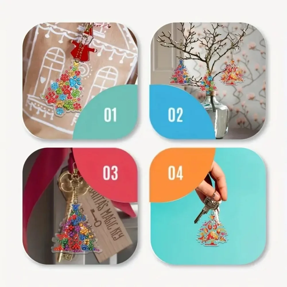 6pcs/Set DIY Christmas Tree Pattern Diamond Painting Keychain, DIY Mosaic Craft Kit Suitable for Beginners, Women's Backpack Pen view 6