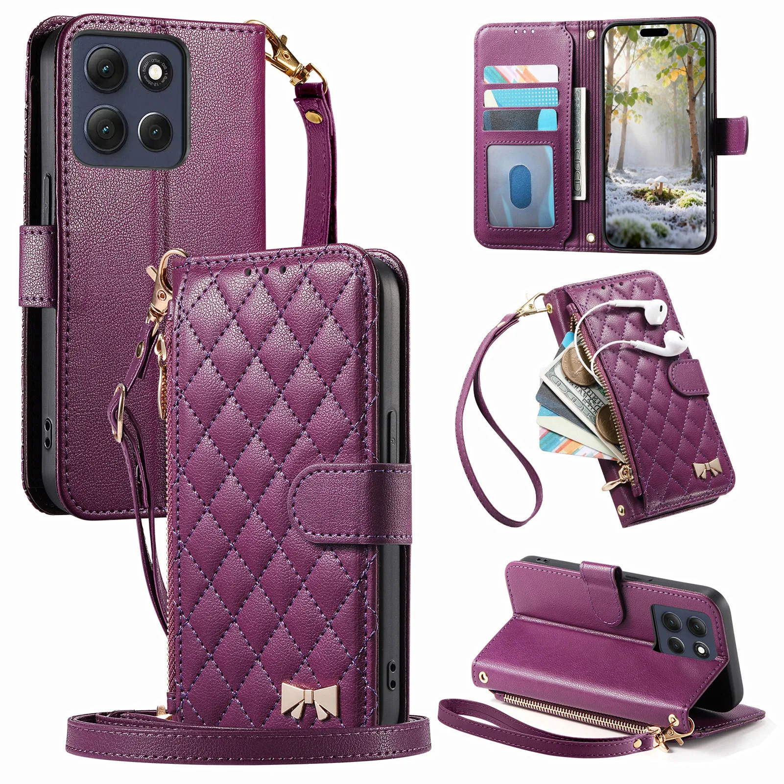 

Crossbody Long Lanyard Quilted Pattern LeatherCase with 3D Bow‌ Case For Motorola G86 G67 G56 G15 Edge 60 Pro 50 Fusion Cover