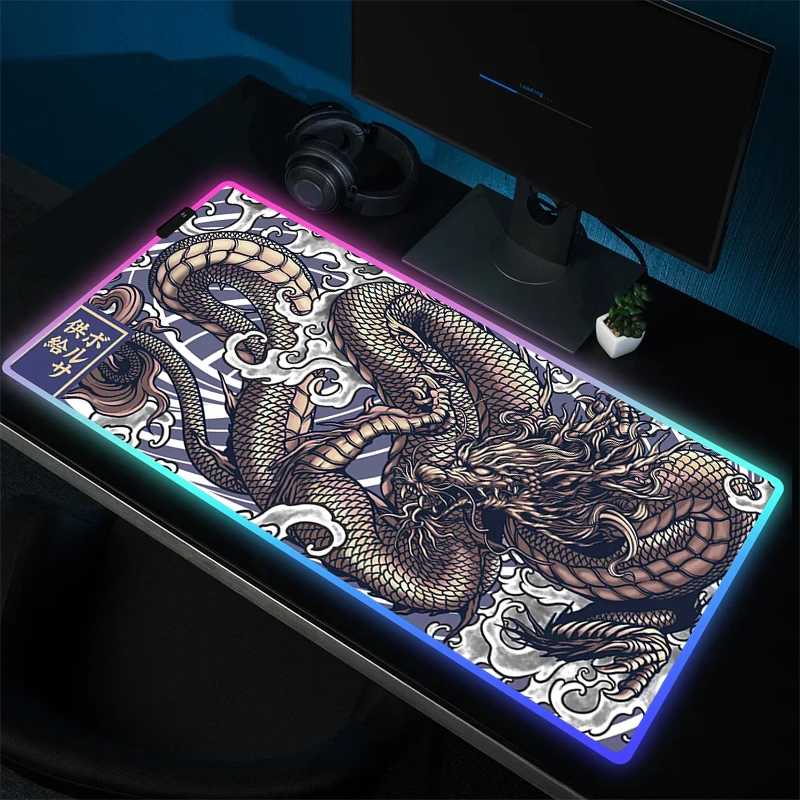 Borracha Gaming Mouse Pad com LED Backlit, Non-Slip Mousepad, RGB Dragão japonês, Gamer HD Print, Acessórios de computador, XXL