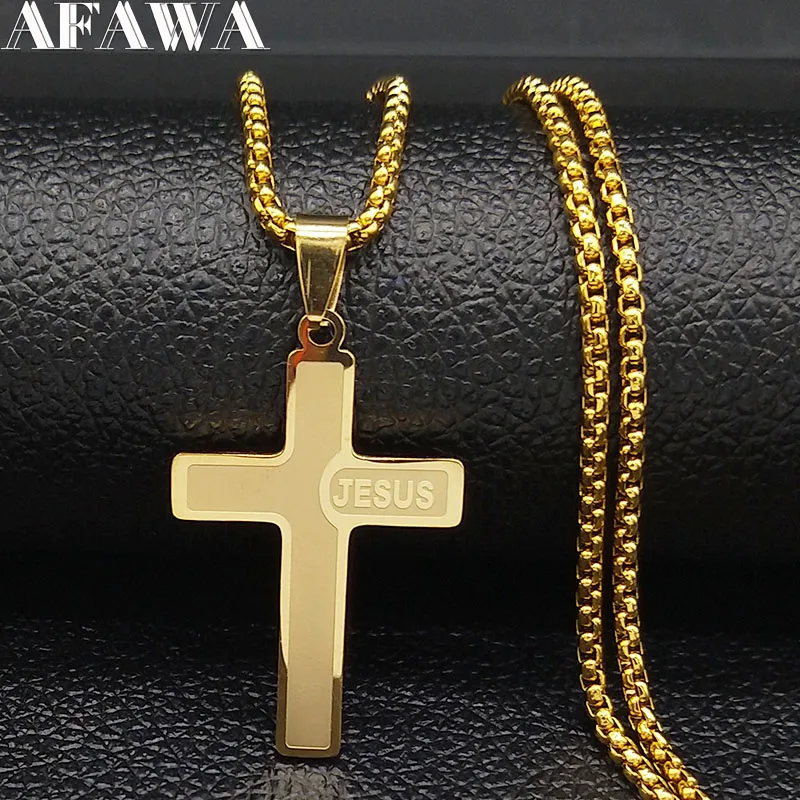 Stainless Steel Christian JESUS CROSS Pendant Necklaces for Men Gold Color Male Chain Necklace Jewelry Corrente Masculina N1174