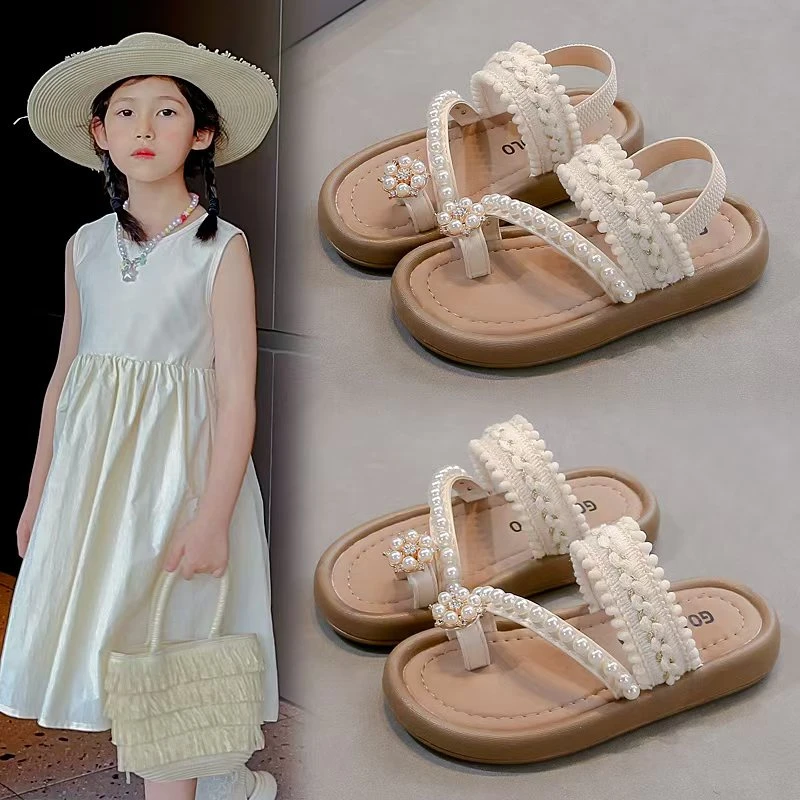 

2025 Summer New Children Casual Sandals for Girls Fashion Korean Style Soft Bottom Anti-slippery Versatile Princess Pearl Shoes