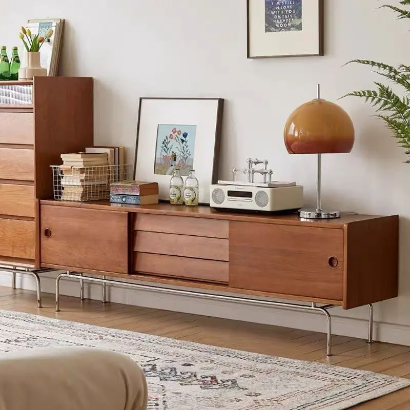 

Japanese-style solid wood medieval TV cabinet small apartment living room floor cabinet sliding door retro TV cabinet retro