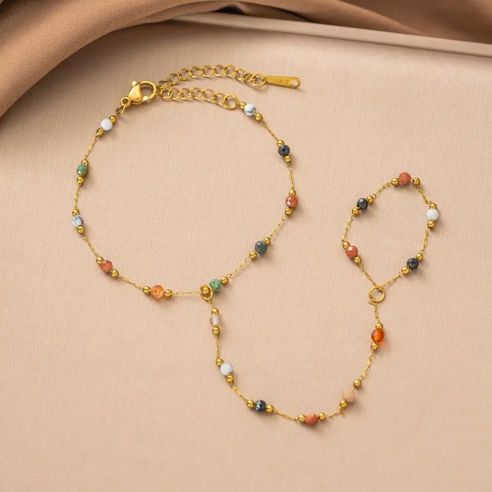 Stainless Steel Flower Bracelet Crystal Beaded Gold Color Crystal Beaded Bracelet Flower Design Finger Wrist Integrated