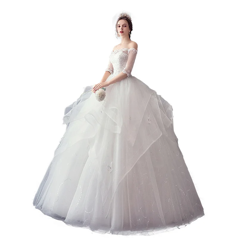 فساتين زفاف مخصصة جديدة بكتف واحد وأكمام متوسطة فستان زفاف برباط مقاس كبير فساتين حفلات مطرزة #5