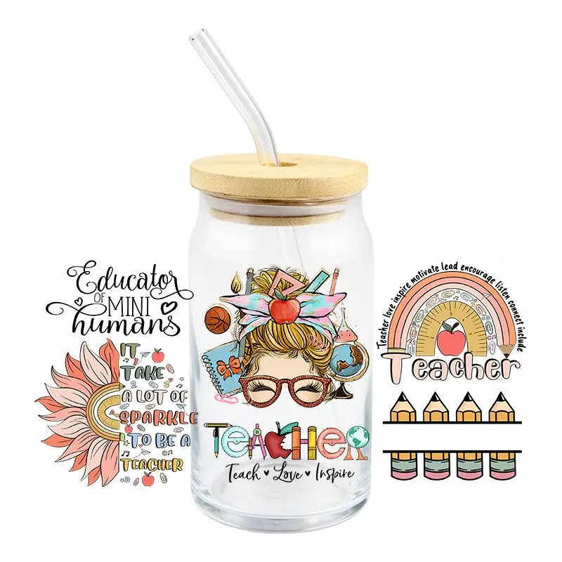 Teacher Transfer Stickers 3D Waterproof UV DTF Cup  Wraps Sticker DIY Rub on Transfers For 16oz  Libbey Glass Mug