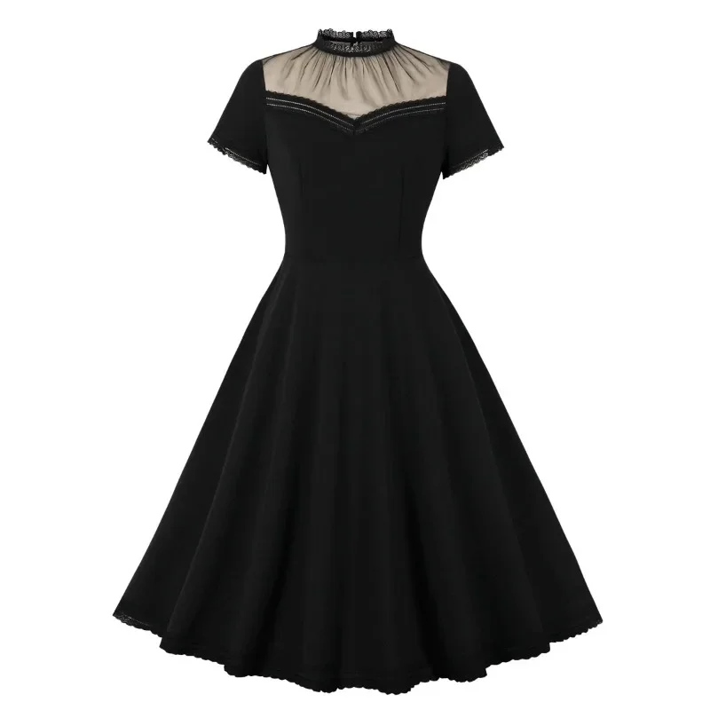 2025 New Retro Lace Stand Collar Mesh Elegant Black Y2K Vintage Swing Dresses Party Evening Women Keyhole Back Summer Long Dress