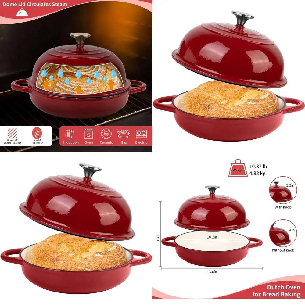 

Чугунная эмалированная кастрюля для выпечки хлеба объемом 5,4 кварта, до 500 градусов Цельсия ° F, 25 см, красный