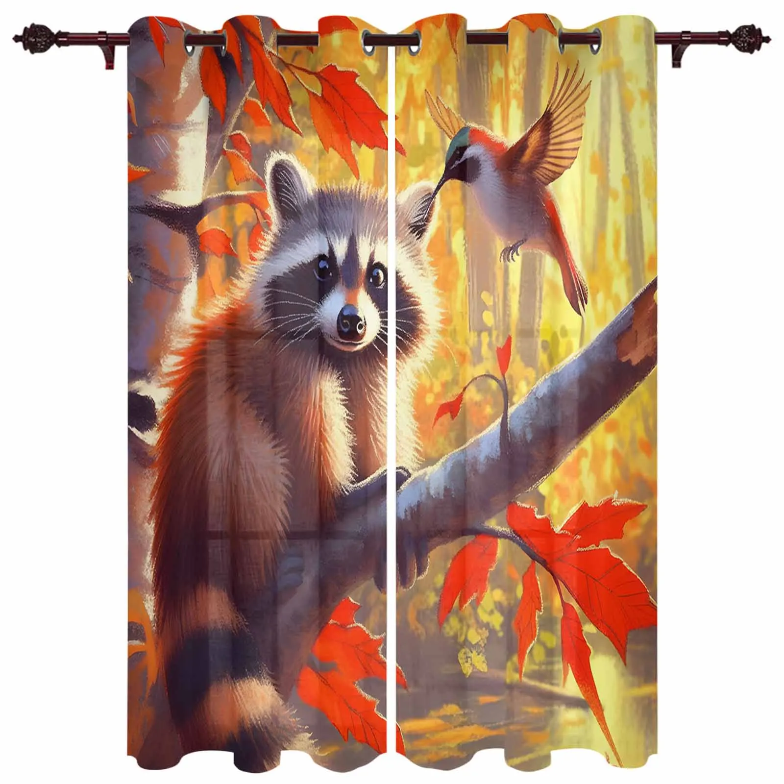 Fall Maple Tree Raccoon Hummingbird Curtains for Living Room Window Curtain for Bedroom Modern Indoor Home Decor Curtains