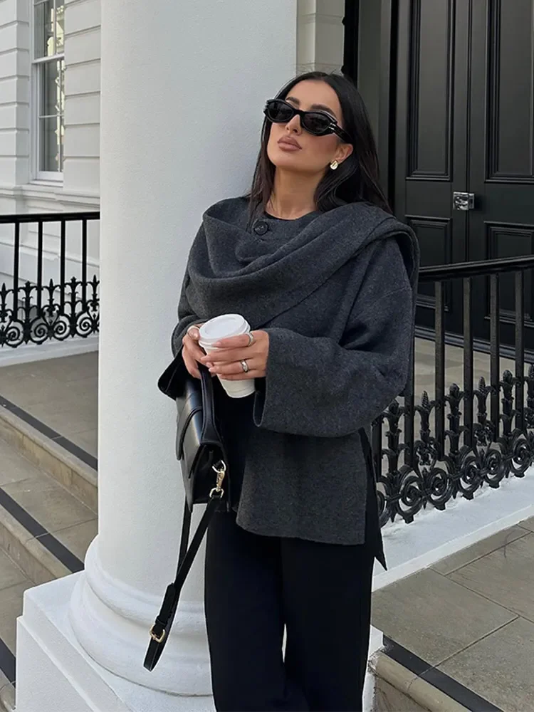 

Female Office Commute Streetwear 2025 Scarf Collar Knitted Coat Women Autumn Winter Clothing Elegant Loose Wool Blends Overcoat