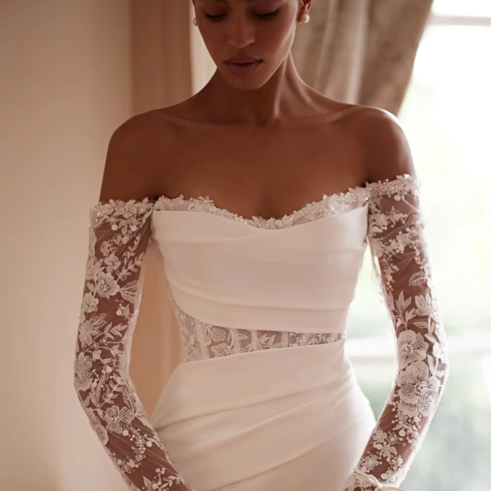 Vestido de Novia de Encaje con Hombros Descubiertos, Nuevo, Personalizado, Deslumbrante, con Cuentas, Estilo Sirena, Largo, Clásico