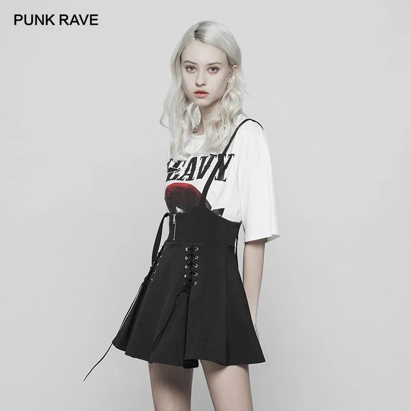 PUNK RAVE Women's Gothic Black Classic Casual A-Line Skirt Fashion Corn Bandage Overalls Young Girl  Skirts Streetwear