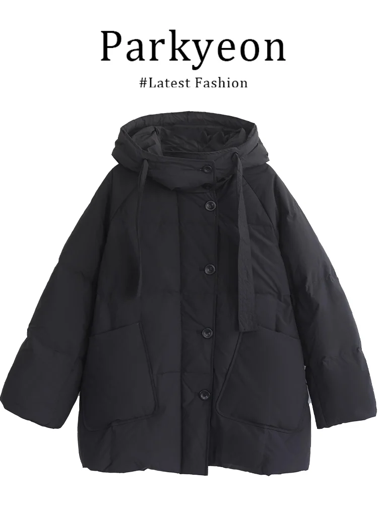 

Parkyeon Korean Style Hooded Black Bread Coat Warm Cotton Jacket Slimming Outerwear Long Sleeve Single Button Closure Pure Color