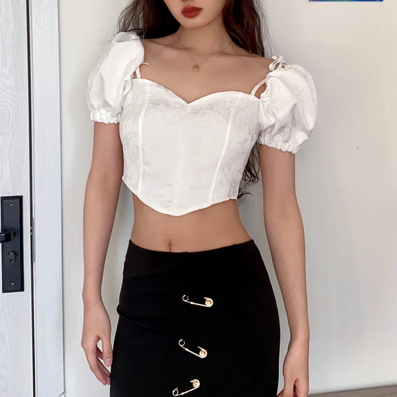 Summer Slim Square Collar Lacing Blouse For Women Solid Color Sweet Puff Short Sleeve Sexy Casual Versatile Crop Top