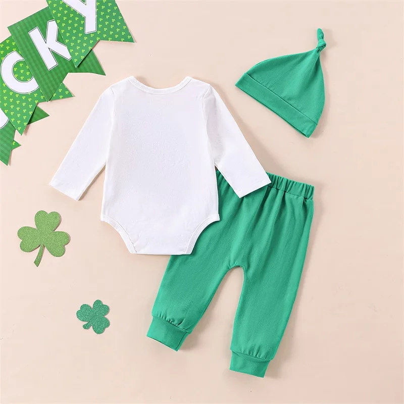 Baby Irish Festival Outfits Letter Embroidery Long Sleeve Round Neck Romper with Long Pants and Hat 3Pcs Set