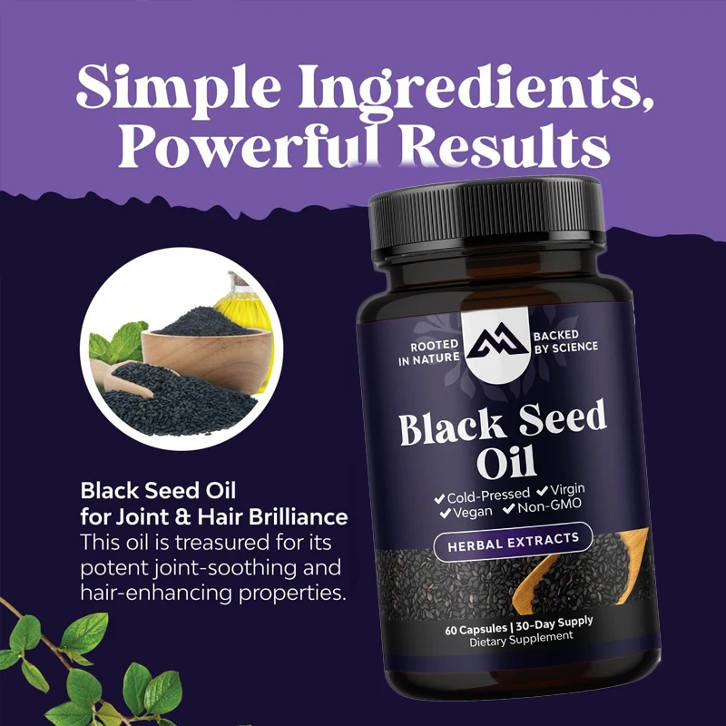 

Pure black seed oil capsules contain Omega 3 6 9 antioxidants, promote hair growth, and provide immune support