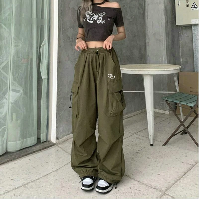 Women's workwear pants pocket sports pants printed long pants fashionable drawstring jogging pants elastic high waisted pants