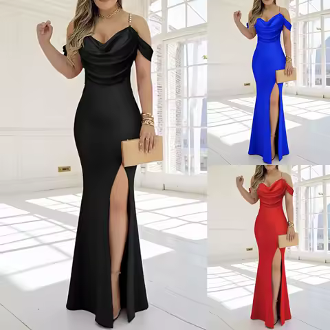 Women'S Fashionable Evening Gown Strapless Fitted Waist Bodycon Dress Classic High Slit Evening Dress Split Mermaid Maxi Dress