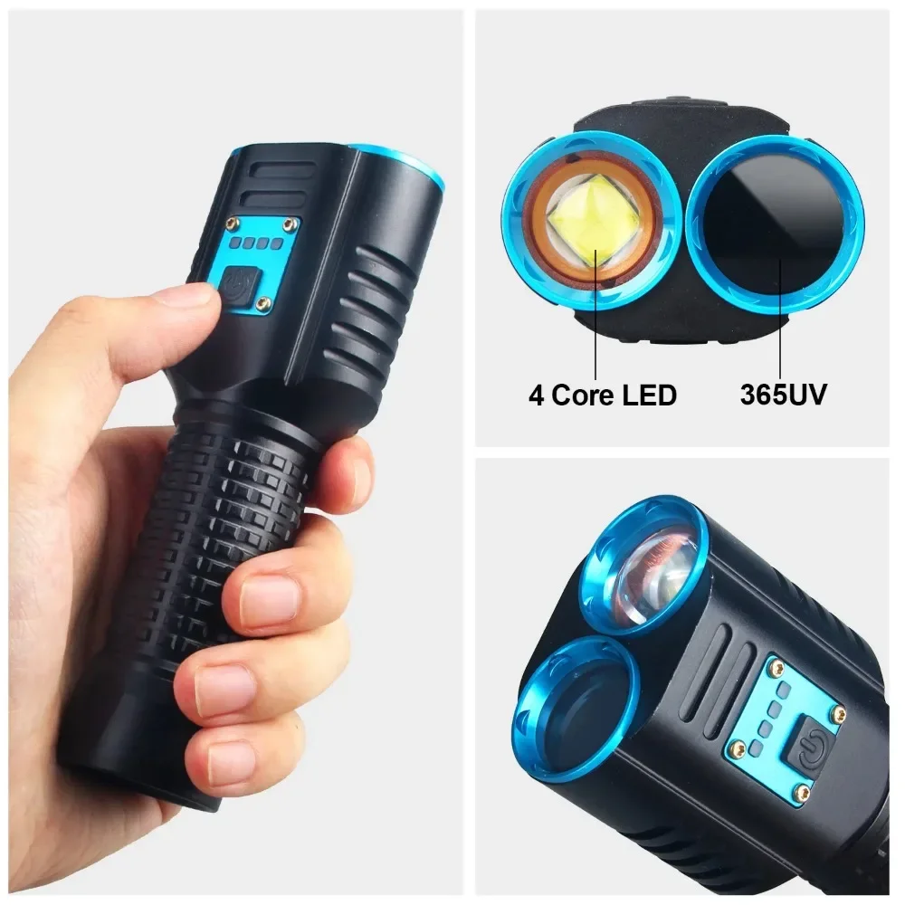 365nm UV LED e P70 quad-core luz branca tocha Lanterna Luz ultravioleta 3 modos Zoomable Tocha Manchas de urina para animais de estimação Escorpião