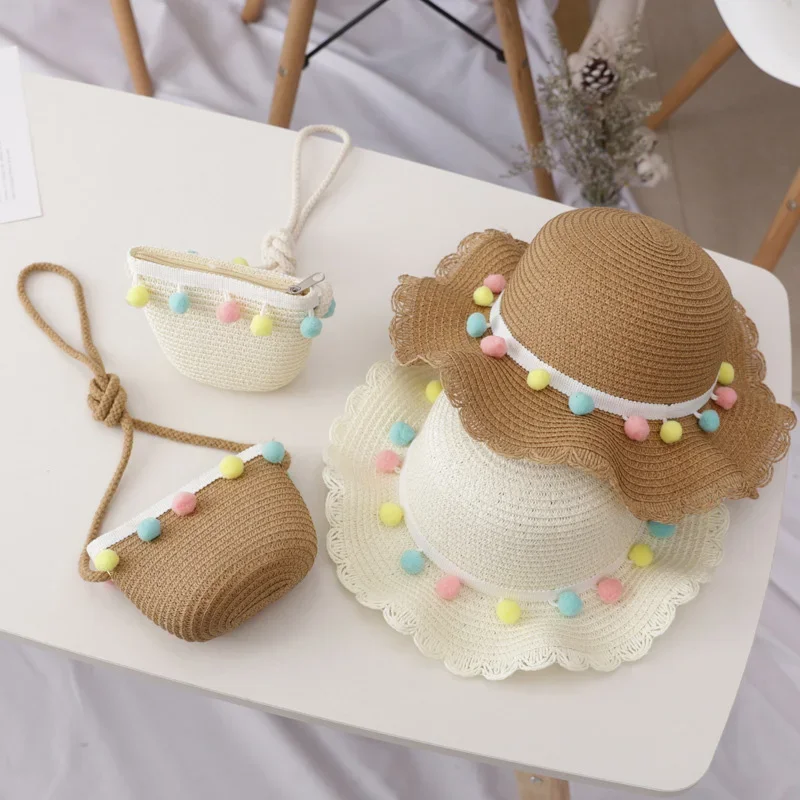 Bear Learder Girl Hat 2023 Summer Cap Breathable Straw Hats Colorful Ball Sweet Princess Hat Seaside With Bag Kids Hats 2-6Y