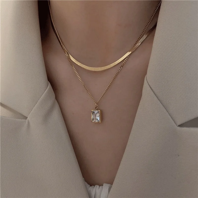 316L Stainless Steel New Fashion Fine Jewelry 2 Layer Geometry Embedded Zircon Charms Chain Choker Necklaces & Pendant For Women