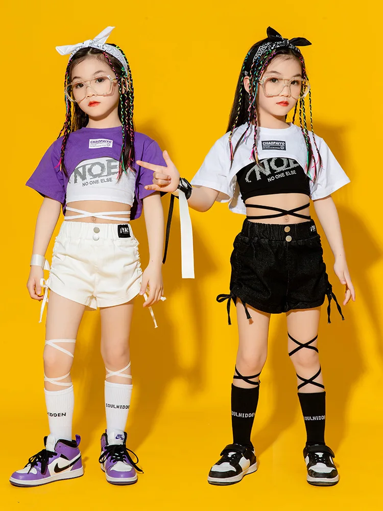 Kids Jazz Dance Dress Fashion Model Open Umbilical Suit Girl Hip Hop Dancing Costumes Teenage Streetwear Performance Outfits