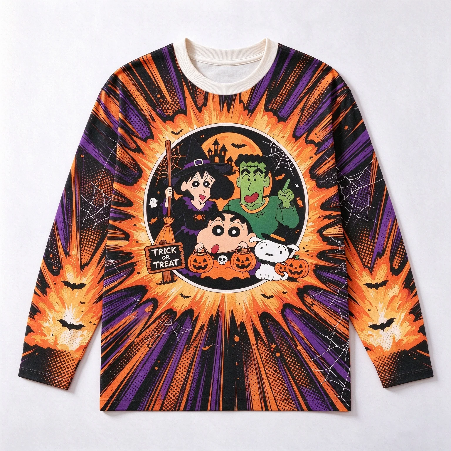 Cartoon Family Halloween Print Full Print Long Sleeve T-shirt, Crew Neck Loose Soft Tee, Starry Sky Ghost Pattern Casual Top