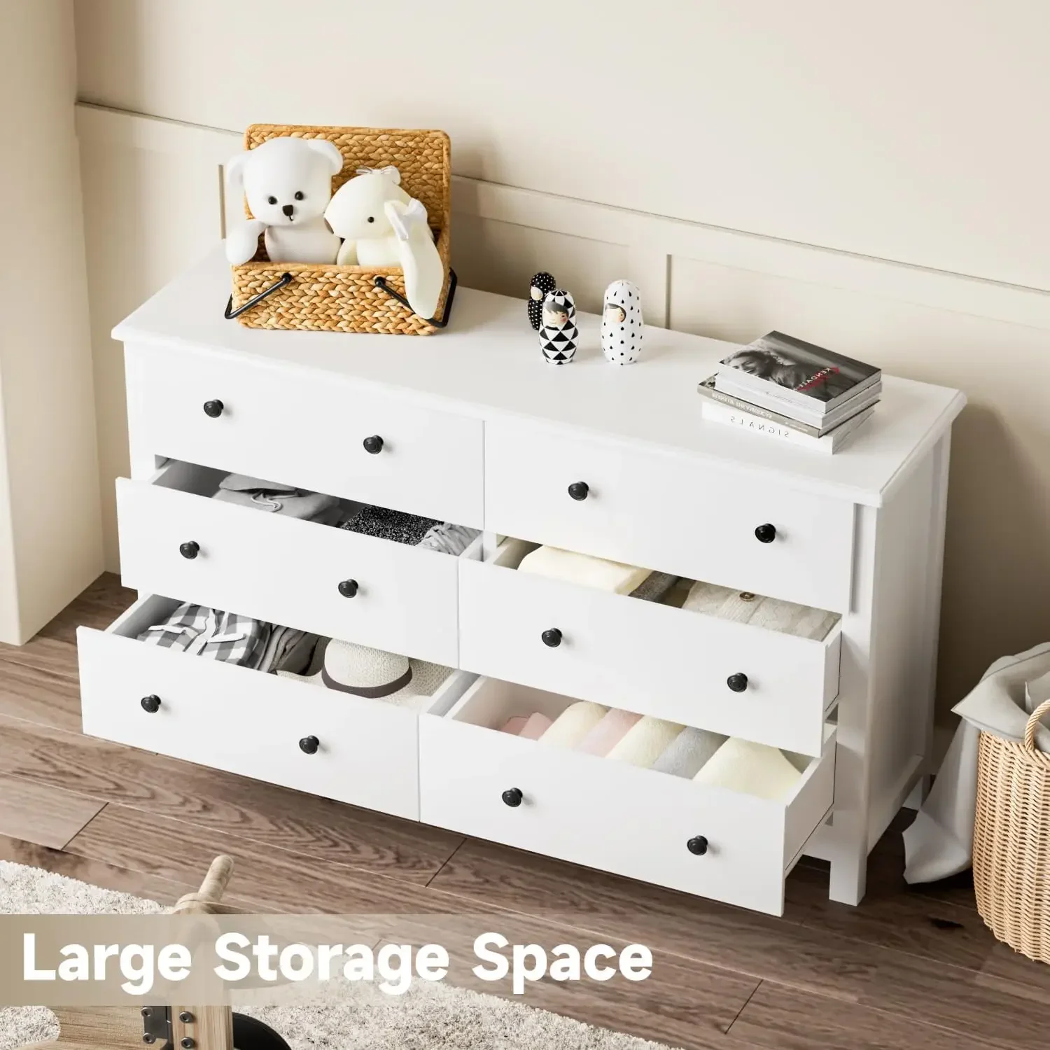 Modern 6 Drawer Double Dresser for Bedroom Adults & Kids with Black Pulls, Wide Dressers & Chests of Drawers, 6 Drawer Dressers