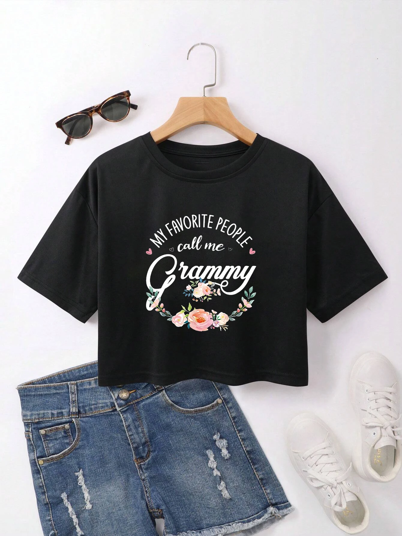 my favorite people call me grammy	Print Short Sleeved Casual Women Crop top Round Neck Women Graphical Female Summer Crop shirt