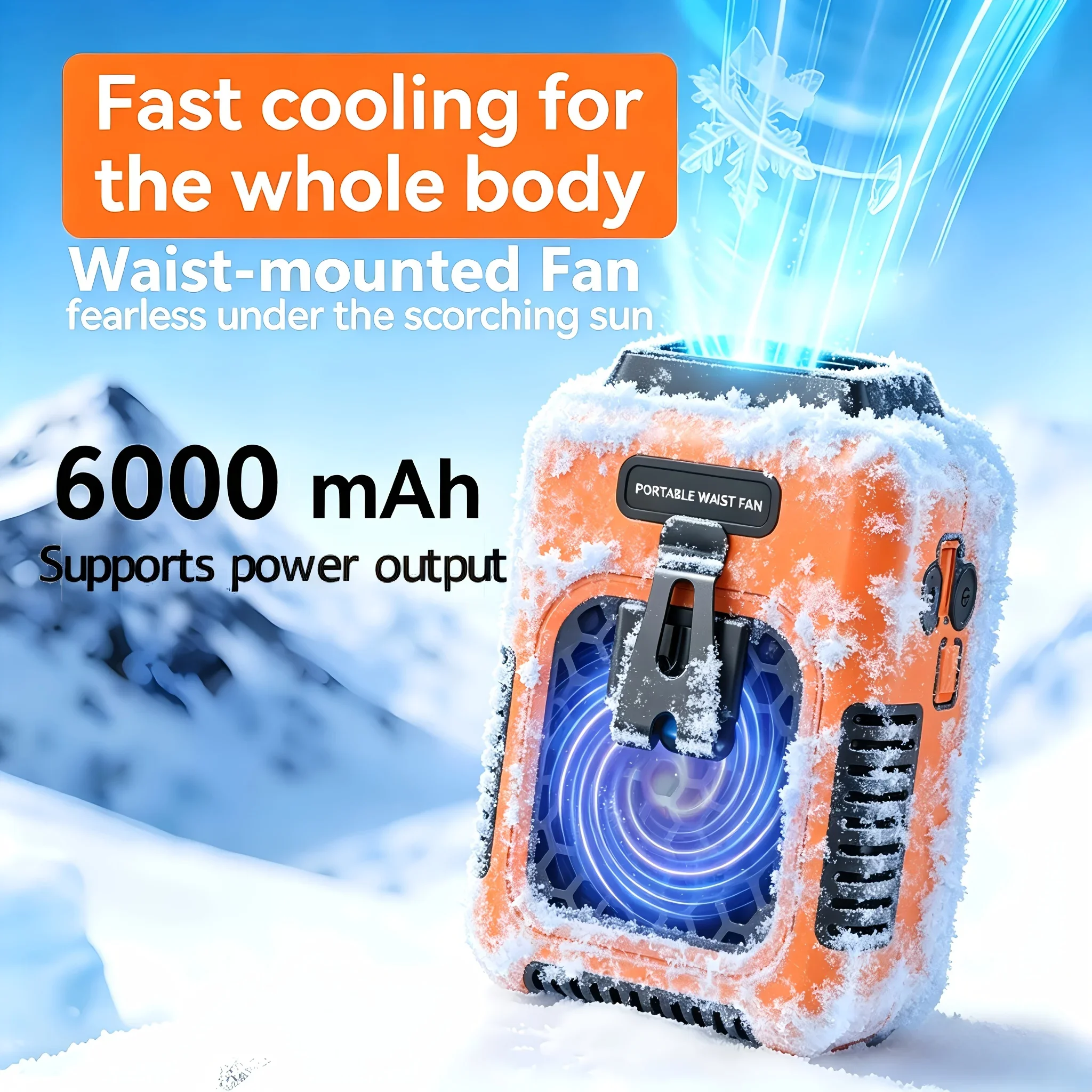 6000mAh waist fan, wearable personal cooler built-in power bank, external power output to charge mobile phones, lightweight belt