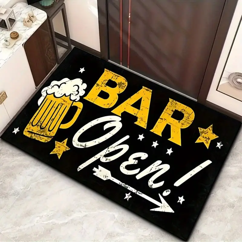 Non-Slip \'Bar Open\' Beer Welcome Doormat Machine Washable Carpet for Living Room Bedroom Kitchen and Laundry Rug