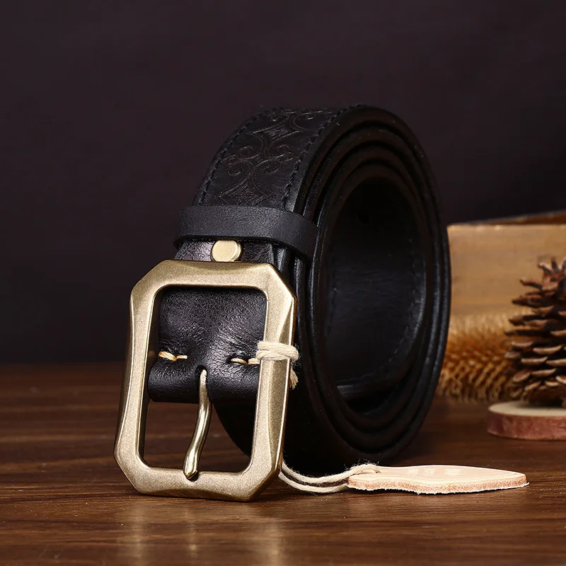 hickened first-layer cowhide leather belt for men reversible, personalized carved design casual style for jeans