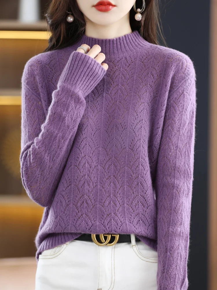 Spring Autumn 100% Merino Wool Mock-neck Pullover Sweater For Women Hollow Out Cashmere Knitwear New Fashion Female Clothing Top