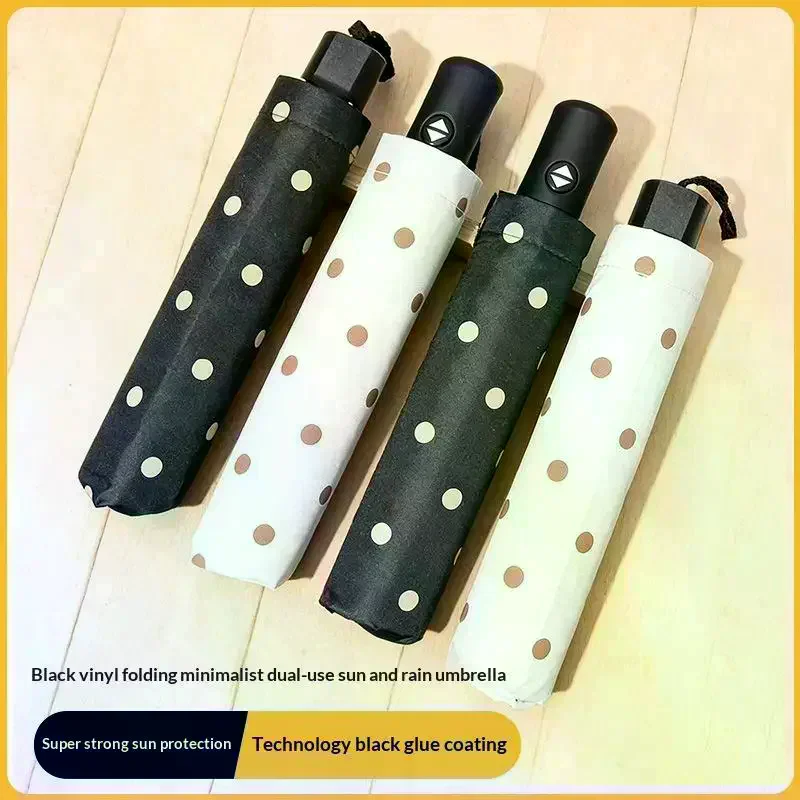 Polka Dot Folding Umbrella Anti‑UV Black Coating Waterproof For Daily Commute Travel Outdoor Use