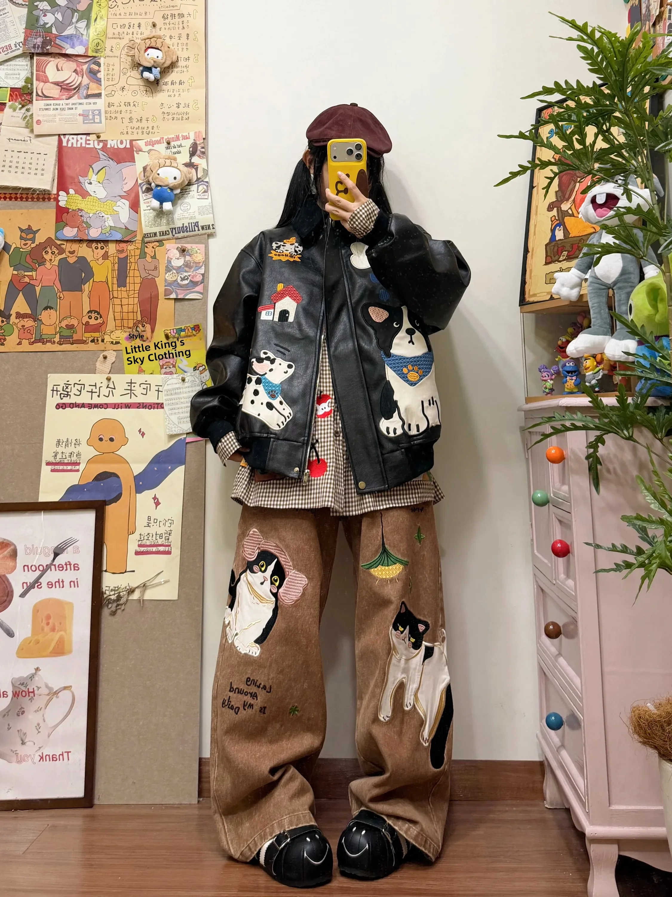 BIBULU Retro Fun Cartoon Dog Embroidery PU Leather Jacket Women Loose Street Style Outerwear Black Trendy Zipper Closure