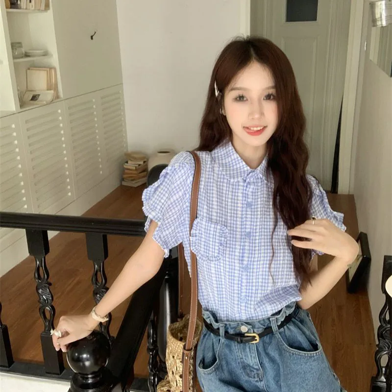 Women Clothing Plaid Turn-down Collar Single Breasted Shirts Summer Vintage Casual Ruffles Preppy Style Short Sleeve Top