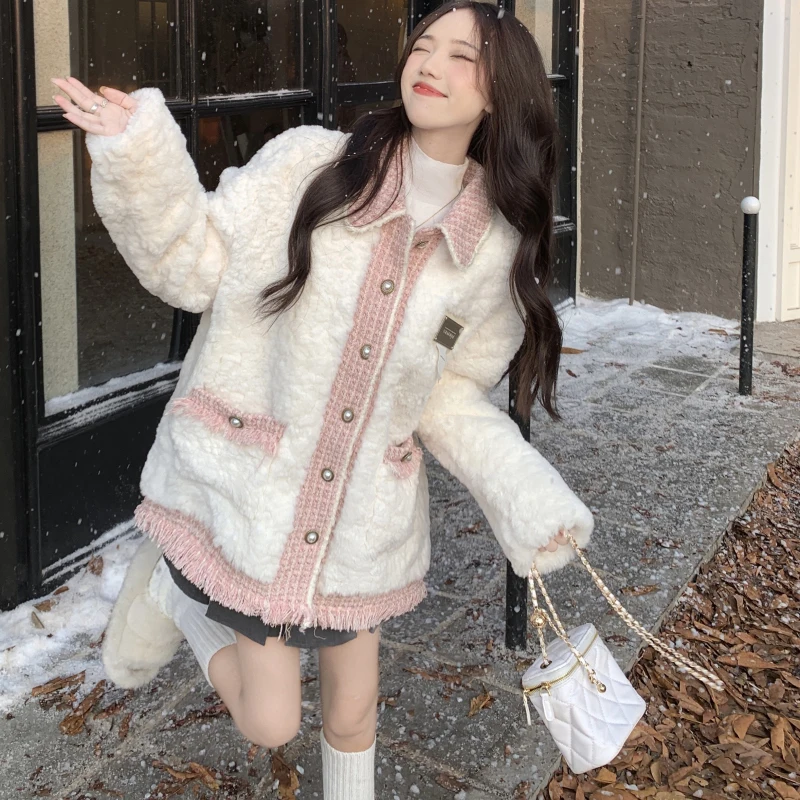 Spring 2023 New Wool Splicing Lambswool Coat Women\'s Fur One Lamb Jacket Female Elegant Clothes Single-Breasted Outerwears Tops