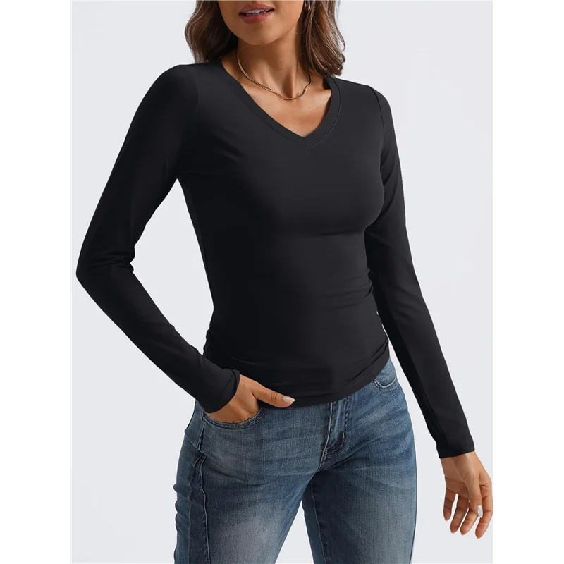 

ABRT-Long Sleeve Shirts For Women 2025 Fall Fashion V Neck Basics Crop Tops Slim Fitted Y2K Tops Outfits Clothes