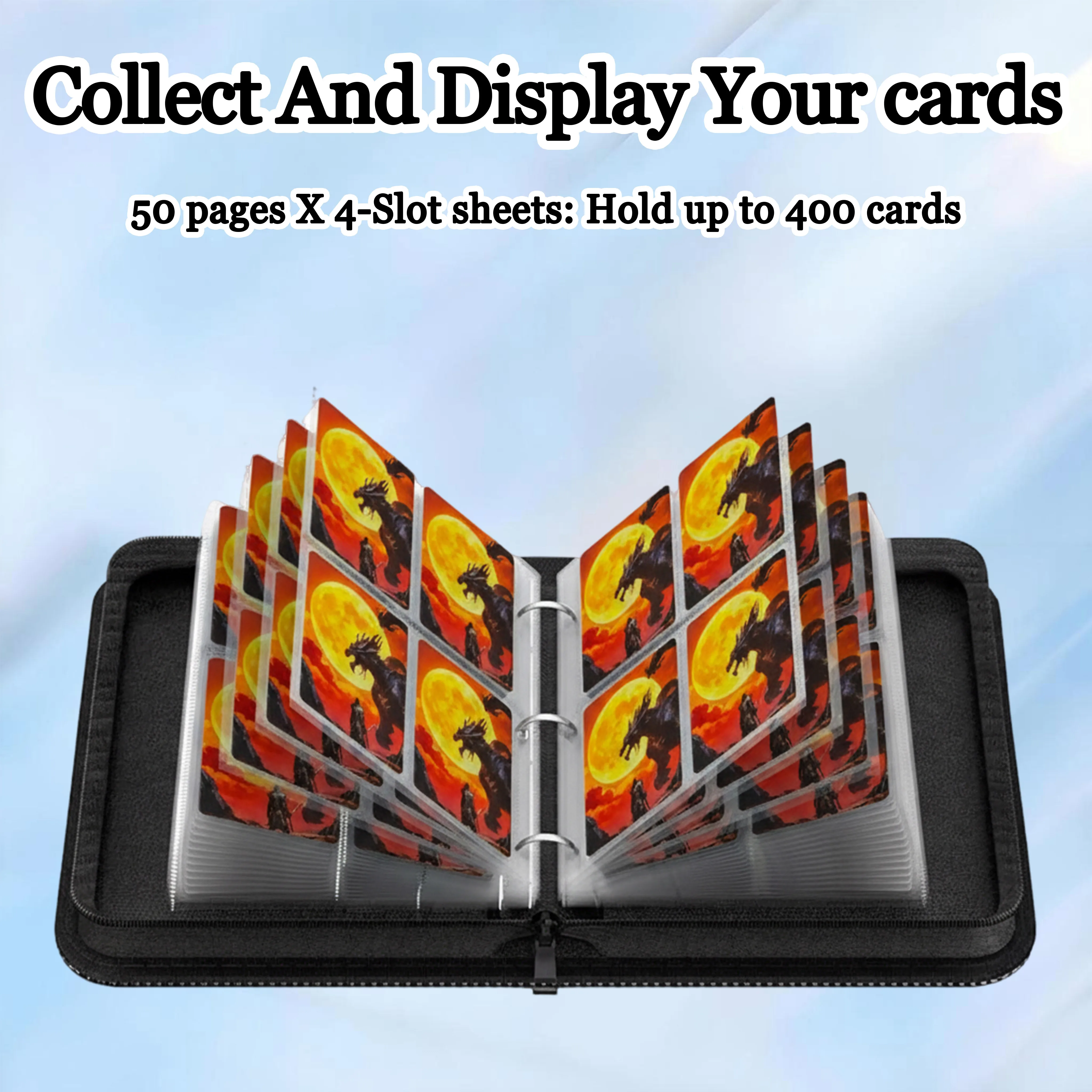 4-Pocket Card Binder, Premium Zipper Trading Card Binder, 50 Double-Sided Pocket Pages, Can Hold 400 Cards, Suitable for Games, Baseball, Mtg/Yu-Gi-Oh!/Tcg Card Storage, Card Protection for Collecting