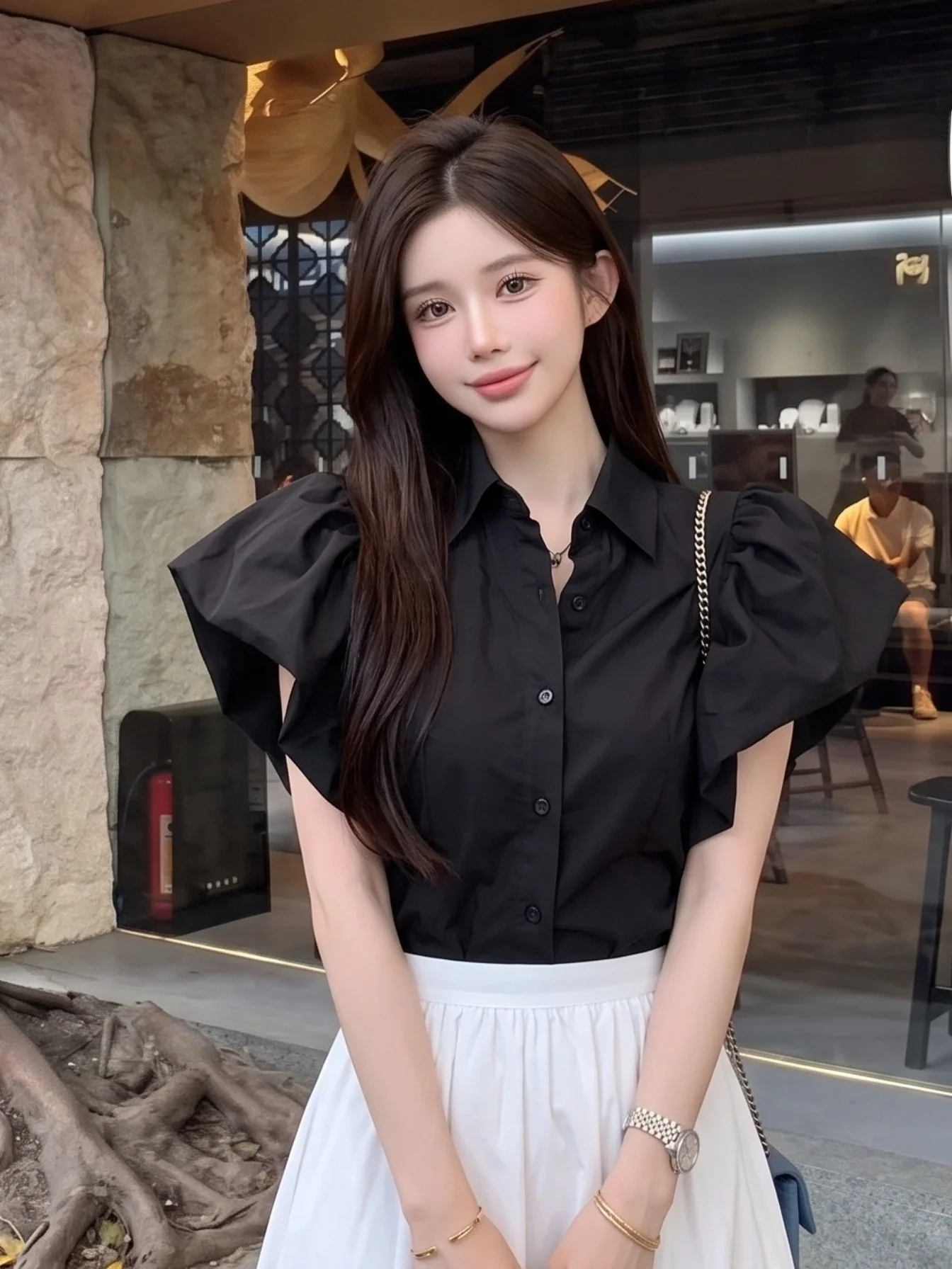 Elegant Black Slimming Bubble Sleeve Shirt Single Button Flip Collar Court Style Top Versatile Fashionable Women's Summer Blouse