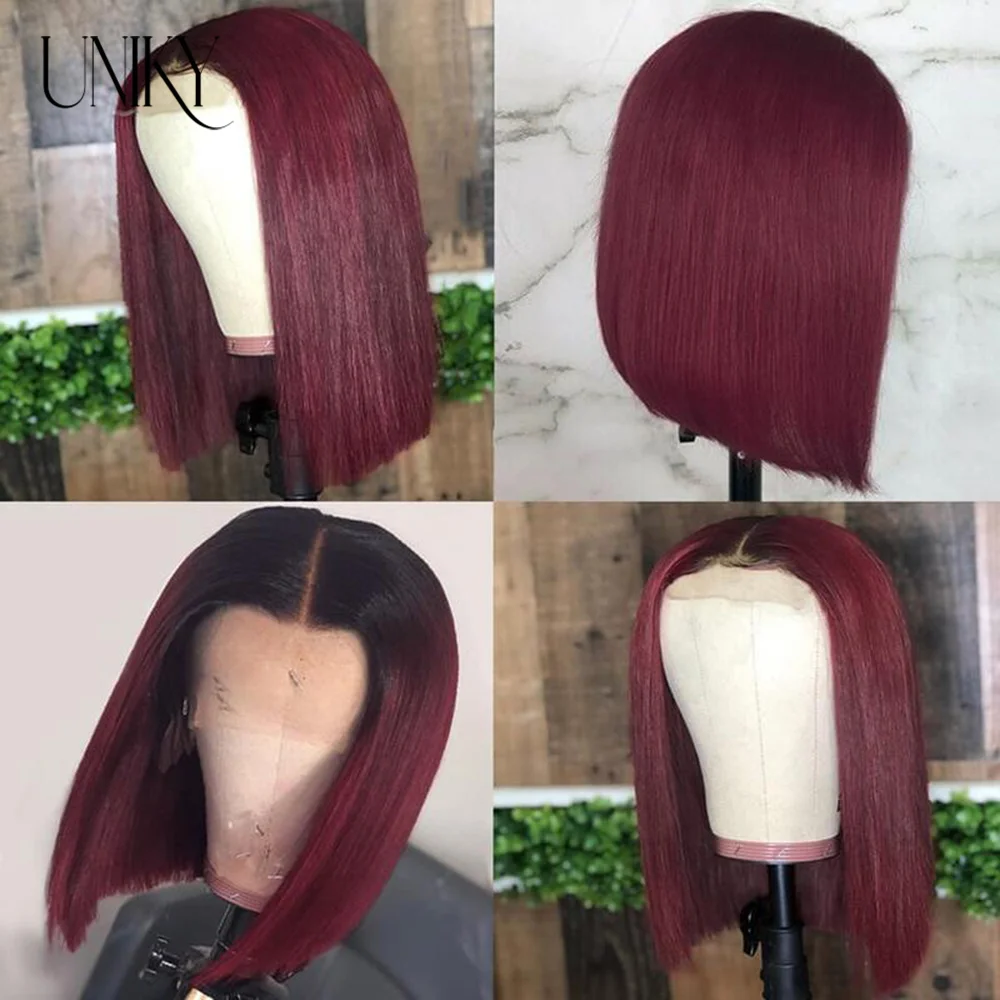4x4 Bob Lace Closure Wig Malaysain Straight Human Hair for Black Women T1B/99J Bob Lace Front Human Hair Wigs Blunt Cut Wig