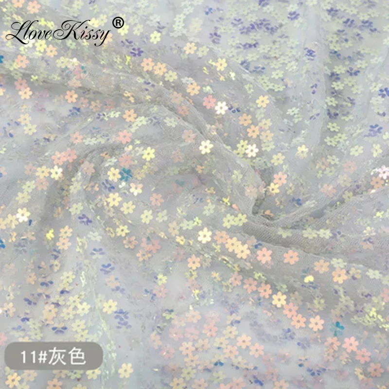 22 Colors Small Plum Blossom Mesh Sequin Fabric Illusion Laser Sequin  Wedding Background Decoration Fabric 5 Yards Wide:125cm