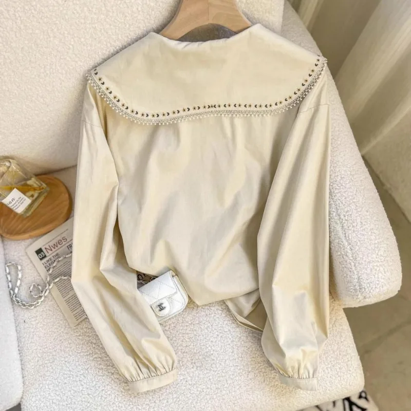 Embroidery Shirts Women Korean Fashion Tops Loose Peter Pan Collar Long Sleeve Lovely Girls College Simple Solid All-match Cozy