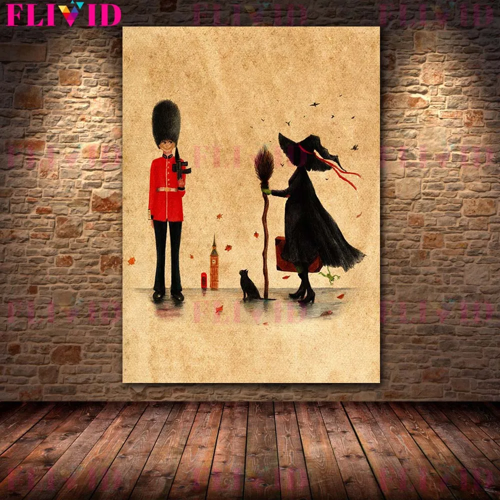 Witches And Private Soldiers Vintage Wall Art Canvas Painting Skating Witches And Biking Witches Art Poster Print And Home Decor