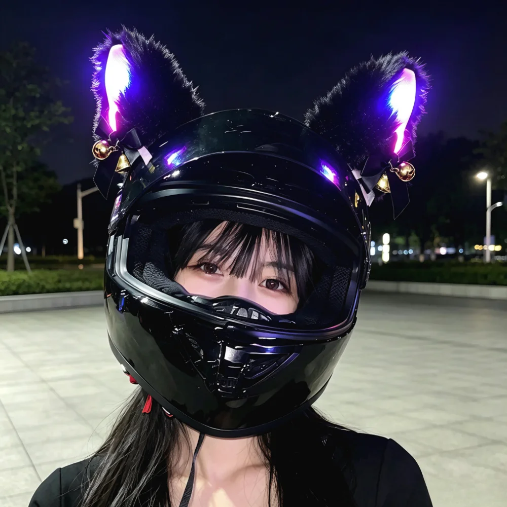 Motorcycle Helmet Plush Cat Ears Decor Stickers With Colorful LED Light For Full Face Off‑Road Motocross Helmet 2Pcs Accessories