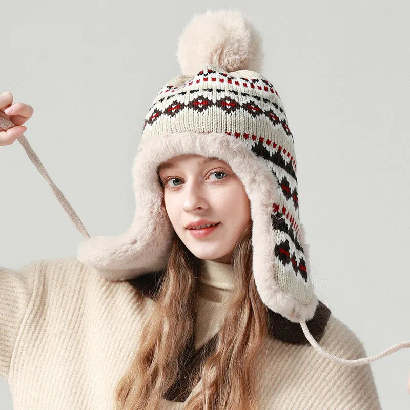 Women Winter Peruvian Cover Ears Beanie Hat Ear Flaps Sherpa Ski Snow Hats Knit Fleece Lined