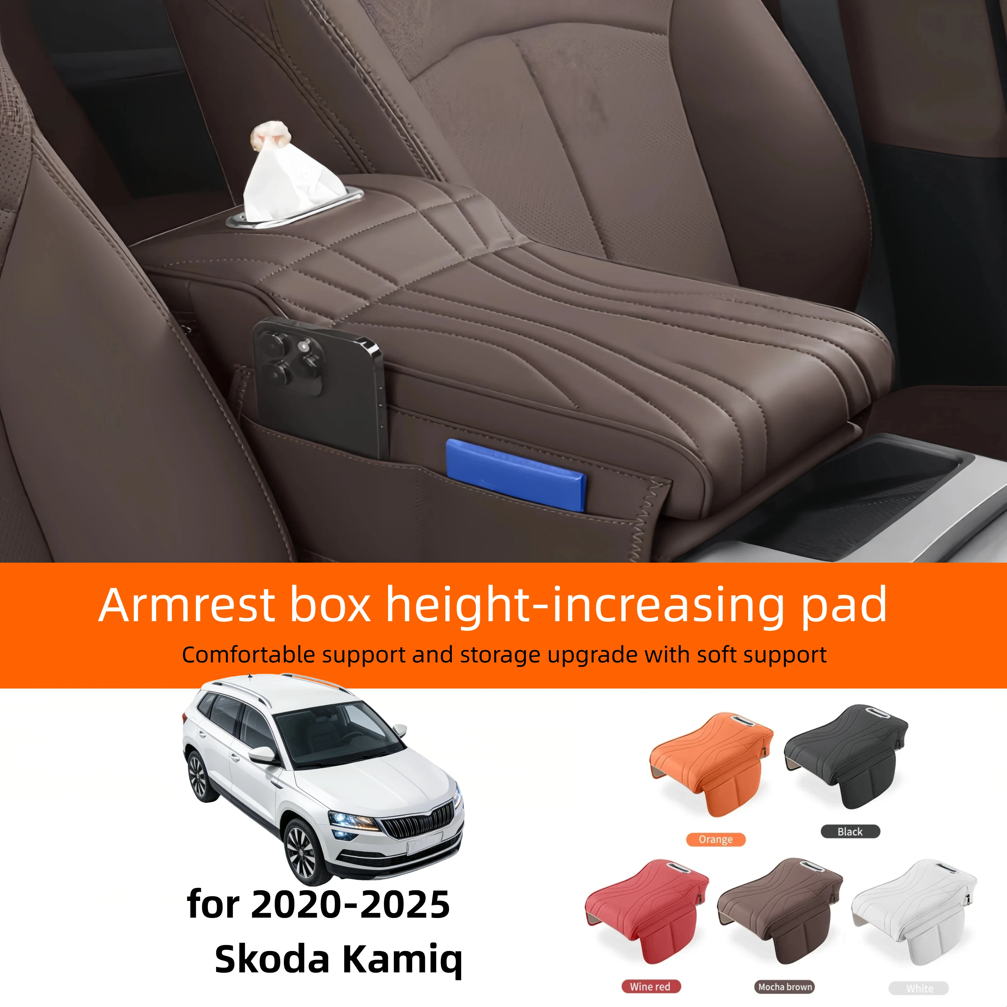 Car Central Armrest Cushion for Skoda Kamiq - Thickened Heightened Protective Cover with Tissue Storage