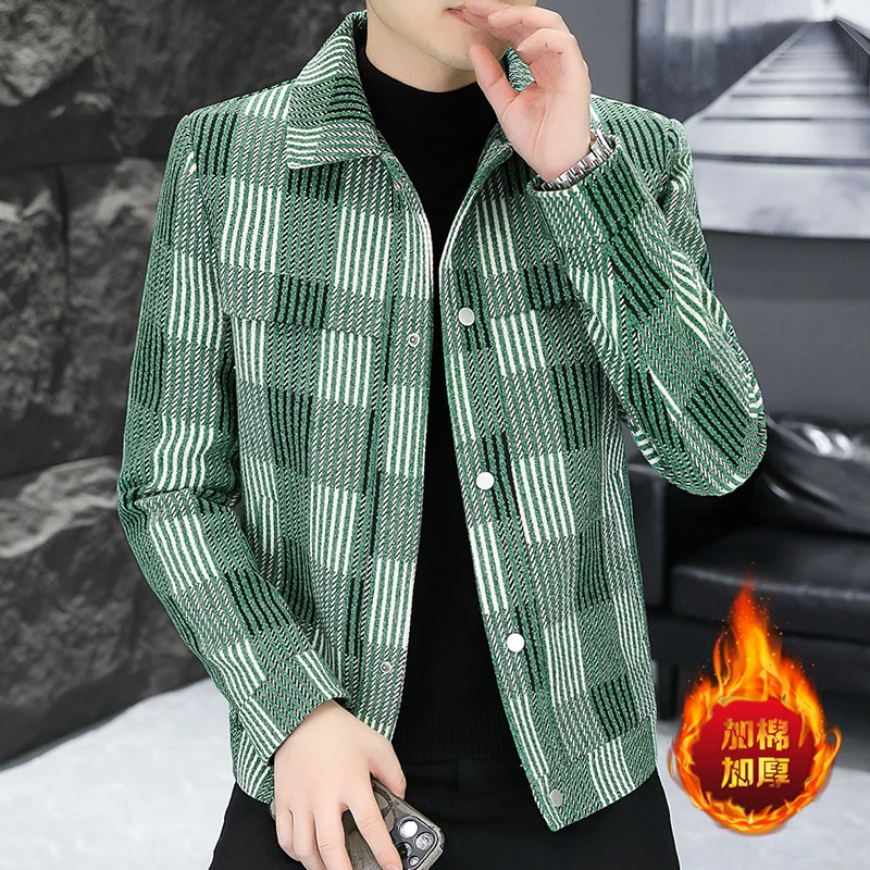 

Autumn Winter Plaid Wool Blends Jackets Men Casual Business Woolen Coat Thickened Warm Streetwear Overcoat Men Clothing