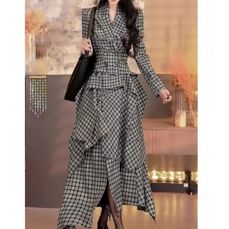 النمط البريطاني منقوشة بدلة صغيرة كبيرة سوينغ تنورة فستان طويل قطعتين مجموعة 2025 مزاجه جديد ارتداء مجموعة كاملة #5