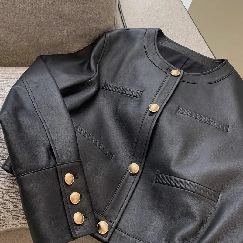 Leather Genuine Cropped Jacket for Women Spring Autumn 2024 Trend Single Breasted Elegant O-neck Real Sheepskin Coat