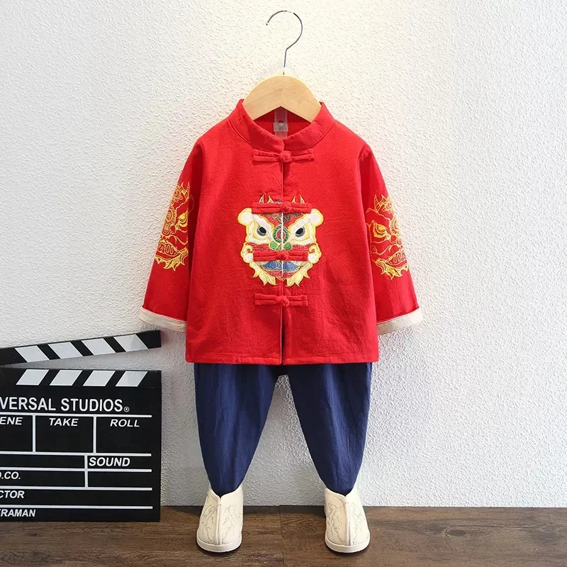 

Kids Boys Hanfu Chinese Style Retro Print Tang Suit School Uniform Set Shirts Tops Pants Children Oriental Clothing Set
